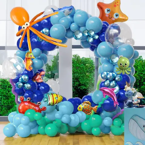 168 Pieces Ocean Theme Balloon Set Cartoon Fish Aluminum Foil Balloon Birthday Party Gender Reveals Aquarium Background Layout