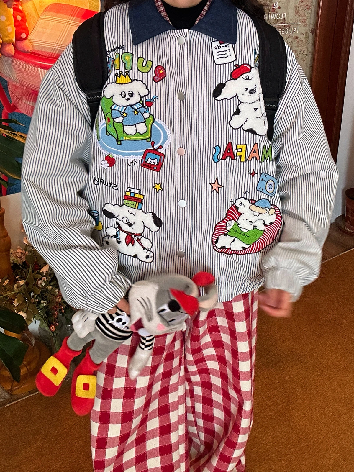 

Thiened Fce Cotton Jaet with Embroidery Vertical Stripes American Retro Cartoon Sle Men's College Autumn Winter Coat