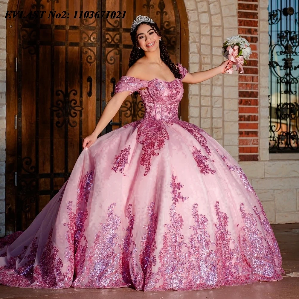 EVLAST Maßgeschneidertes rosa Quinceanera-Kleid, Ballkleid, glänzende Spitze, Perlenstickerei, Pailletten, Korsett, Sweet 16, Vestidos de 15 Anos E2Q09