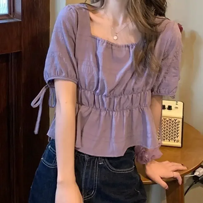 Короткий топ с квадратным воротником и пышными рукавами, женская рубашка с коротким рукавом, ниша дизайна