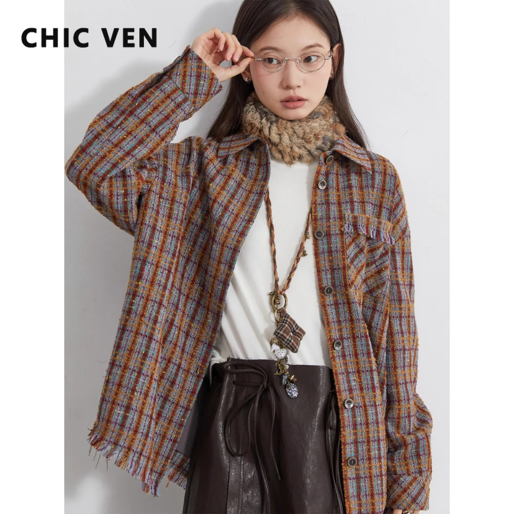 

CHIC VEN Women Shirts Loose Casual New Retro Coarse Plaid Pattern Shirt Coat Tassels Design Female Blouses Autumn Winter 2025