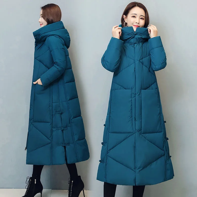 Winter Long Cotton Clothes Women's 2022 New Korean Version Casual Stand-up Collar Hooded Thickened Warm Coat Women's Clothing