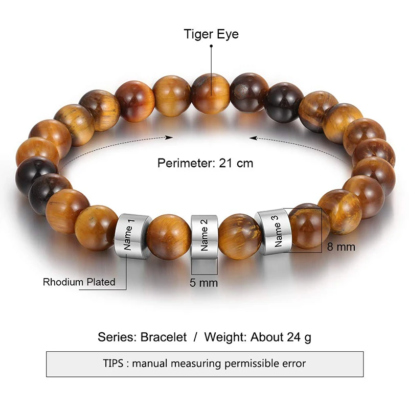 Personalized Stainless Steel Beaded Name Engravd Bracelets Custom Tiger Eye Stone Bracelets Gifts for Men Him Fathers Day Gift