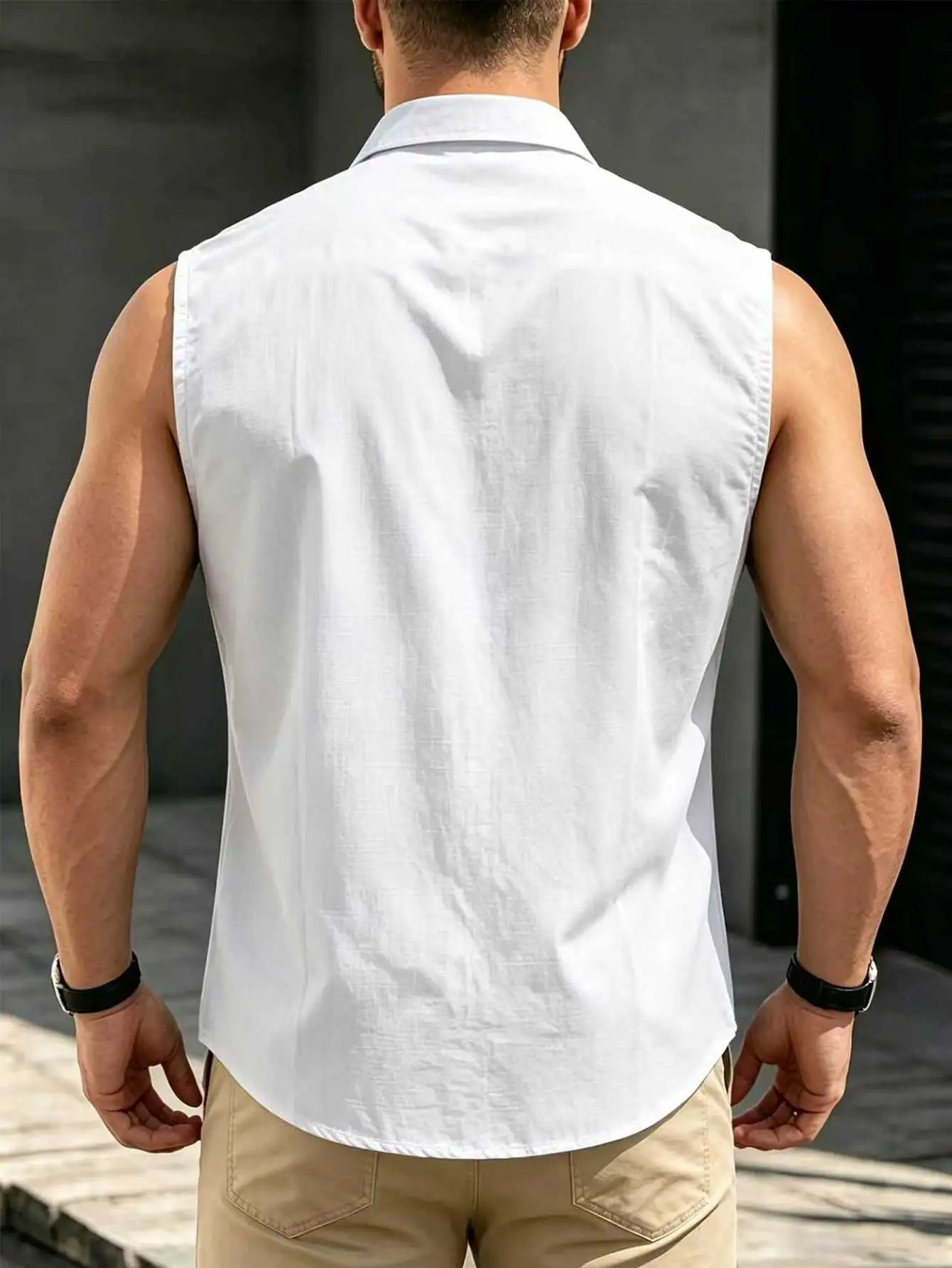 New Men's Summer 100% Cotton Sleeveless Lapel Workwear Shirt, Dual Pockets, Solid Multi-Colors, Soft Breathable, Ideal Gift for