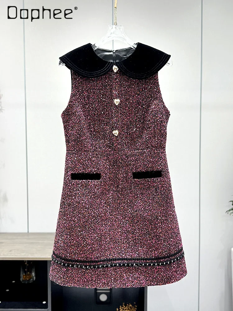 High-end Velvet Doll Collar Tweed Dress Sweet Heart Button A Line Sleeveless Tank Short Dress Elegant Ladies Vestido Autumn