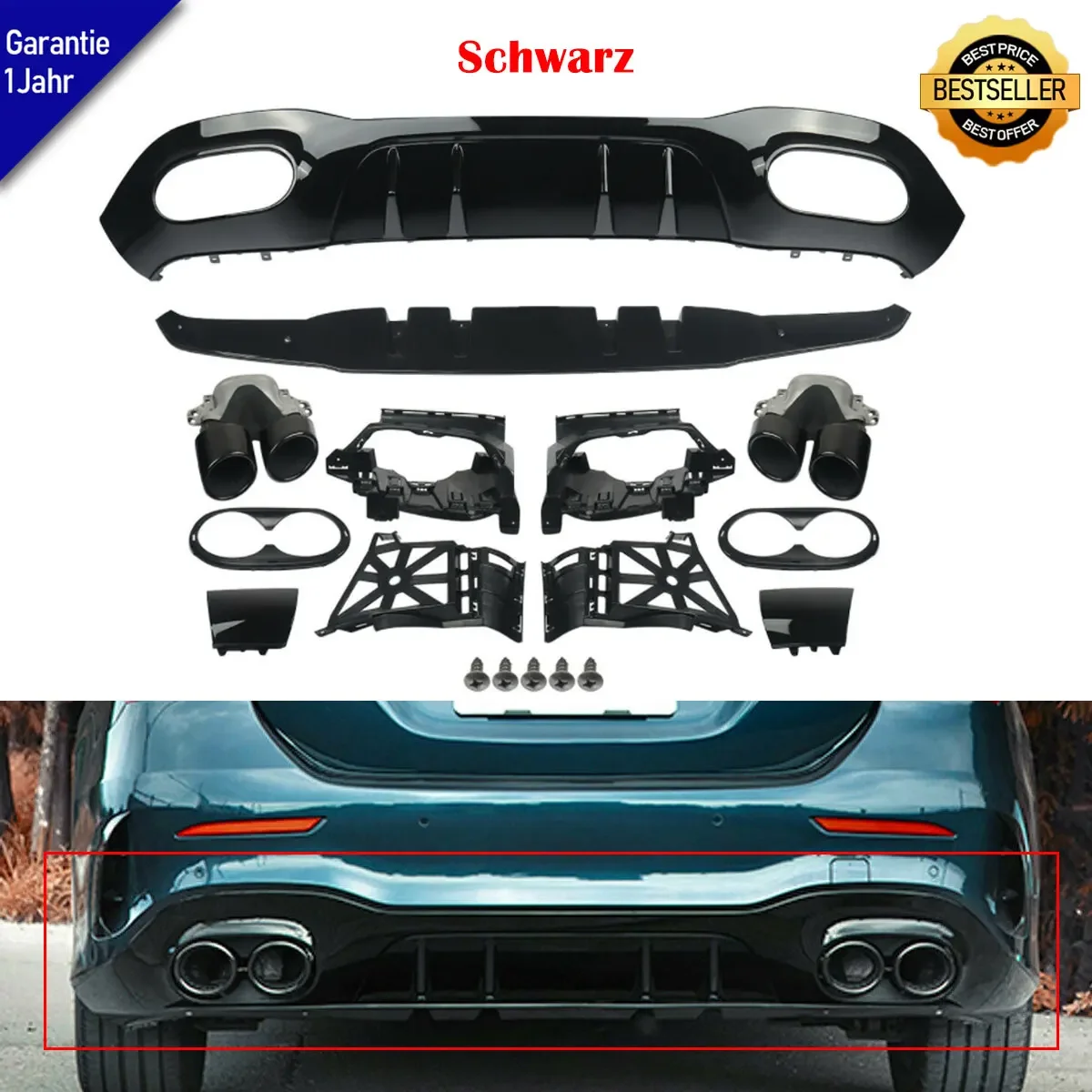 MagicKit FOR MERCEDES W177 A CLASS A45 LOOK GLOSS BLACK REAR DIFFUSER+EXHAUST TIPS 2019+