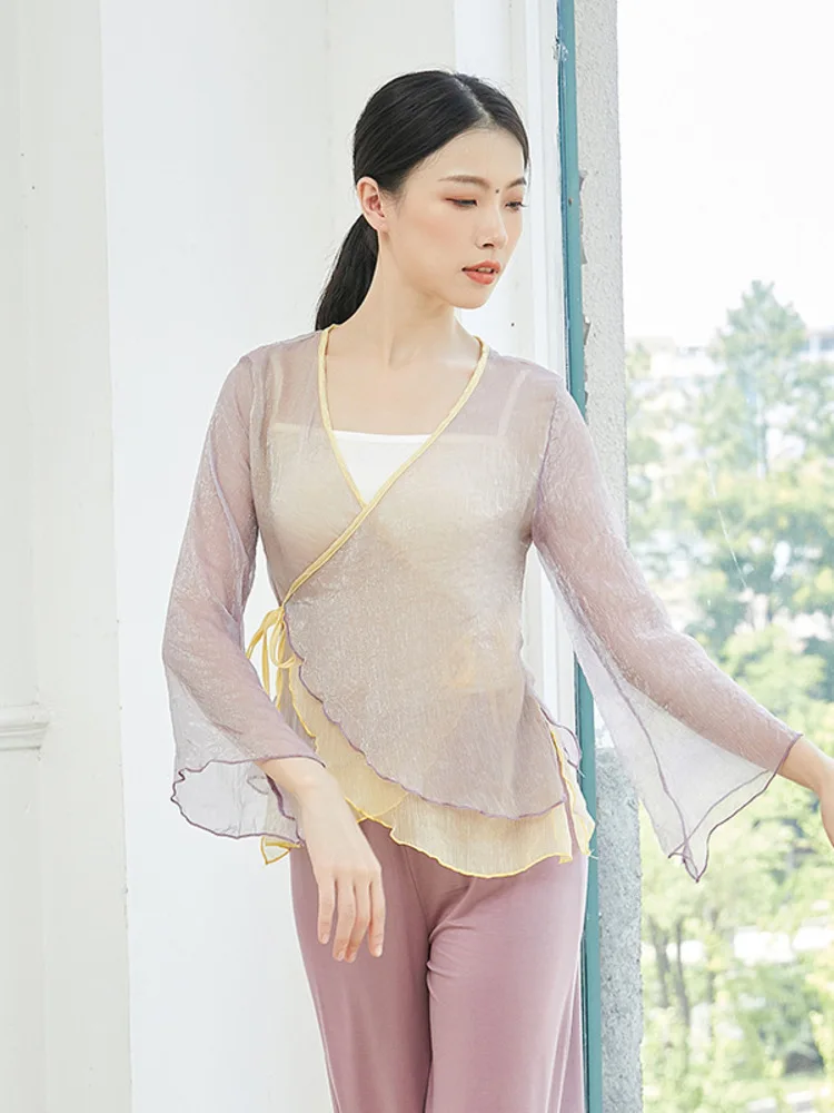 Mesh Line Dance Latin Women Waltz Tops 2024 New Classic Costume Jazz Split Sexy Korean Long Sleeves Competition Stage T-shirt