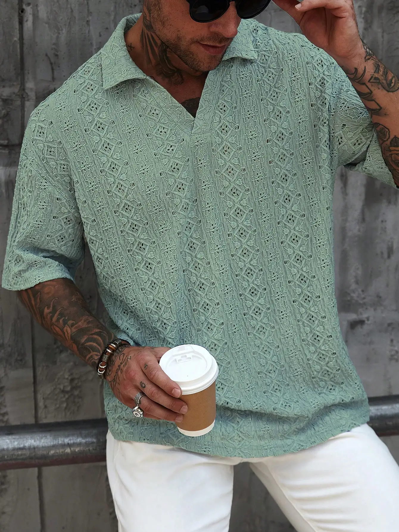 

Men's Mint Green Eyelet Lace Knit Short Sleeve Collared Shirt Casual Summer Top