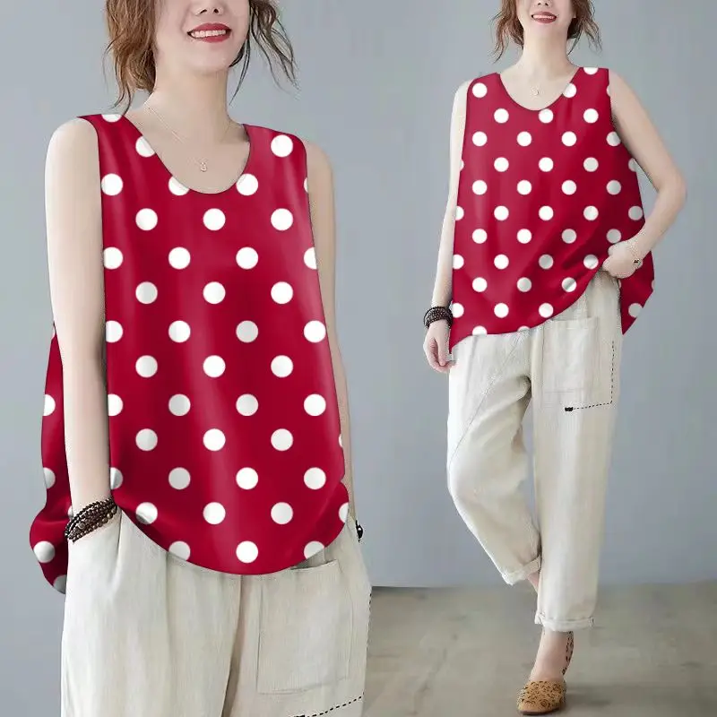 

Vintage Printing O-neck Tanks Summer New Polka Dot Sleeveless Loose All-match Fashion T Shirt Tops Casual Fashion Women Clothing