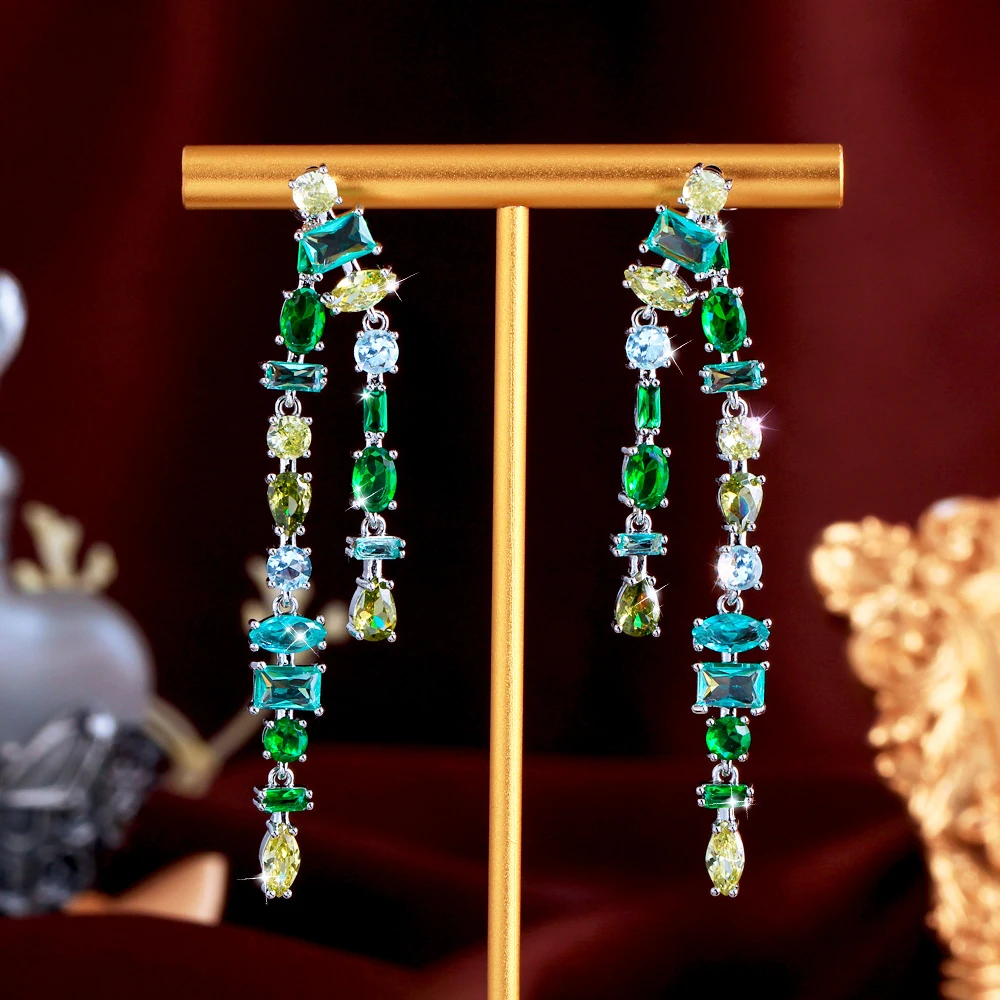 CWWZircons Glamorous Fringed Green Cubic Zirconia Dangly Tassel Drop Long Earrings for Women Pageant Party Accessories E1133