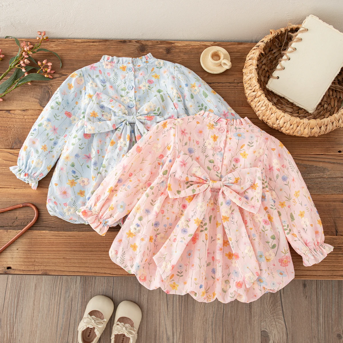 Autumn New Sweet Bow Baby Girl Dress With Floral Print Long Sleeved Children'S Clothing (9 Months -4 Years Old)