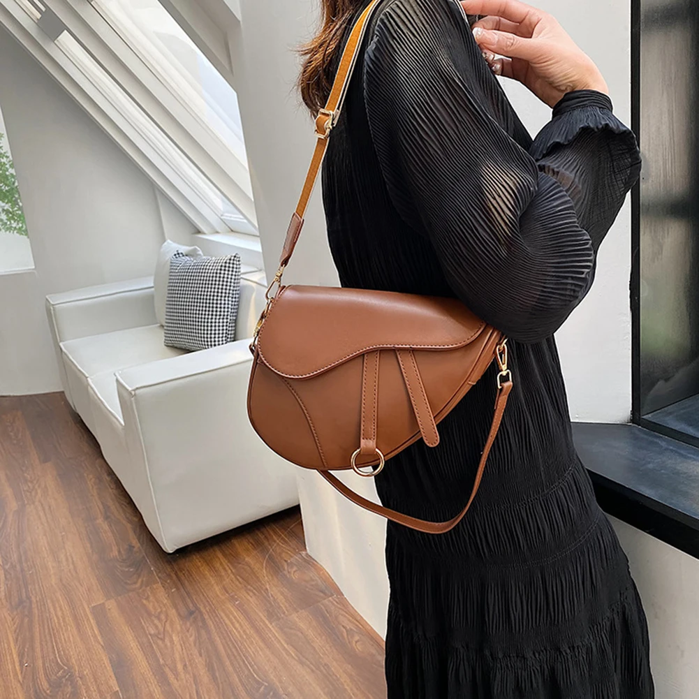 PU Leather Fashion Sling Bag Two Straps Women Mini Hobo Bag Large Capacity Saddle Shoulder Bag Stylish Satchel Bags Travel Bags