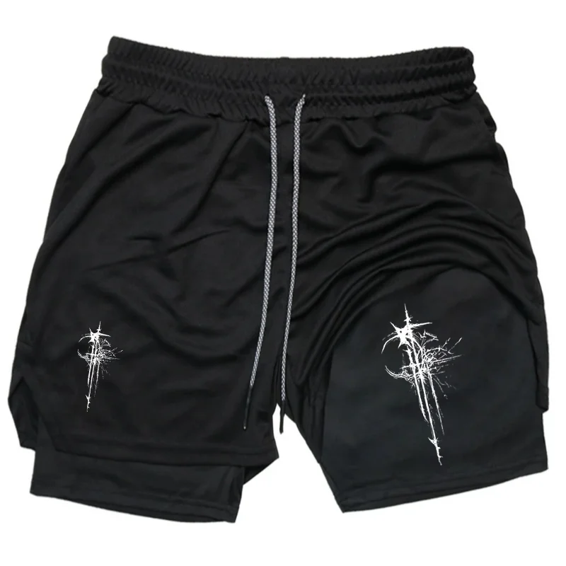 

Мужские шорты для бега 2-в-1 с принтом Y2K, летние быстросохнущие двухслойные шорты для тренировок и фитнеса с карманом для телефона, влагопоглощающие, для бега