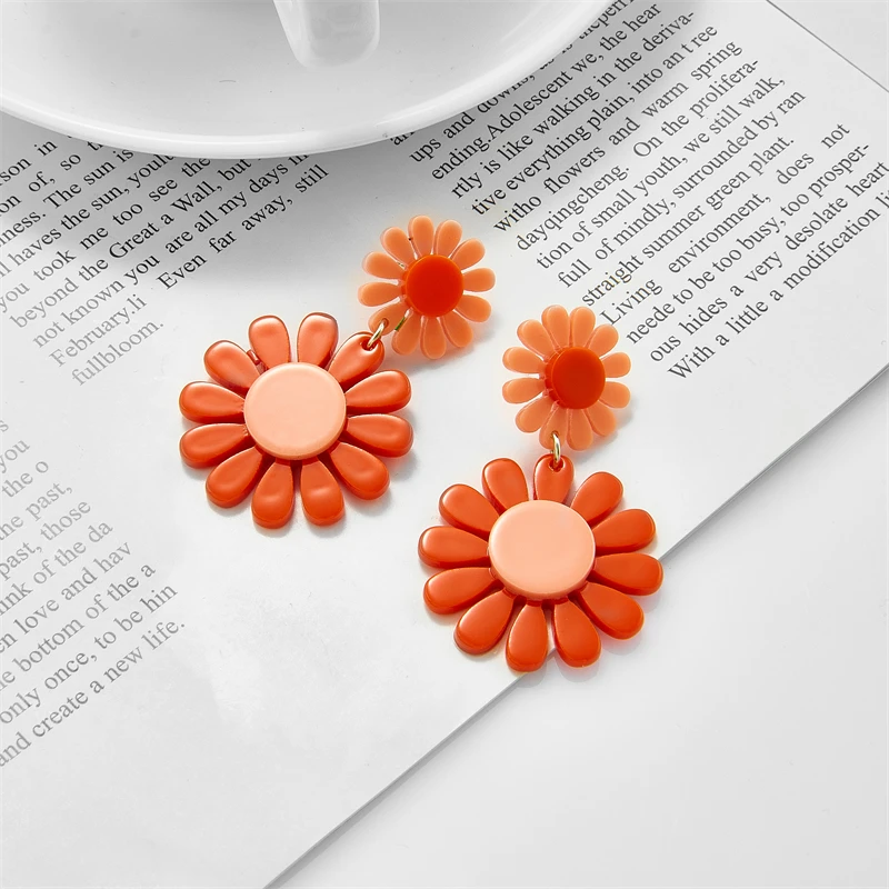 YAOLOGE Acrylic Orange Sunflower Flower Pendant Earrings For Women Fashion Sweet Girl Ear Jewelry Couple Party Gift Accessories