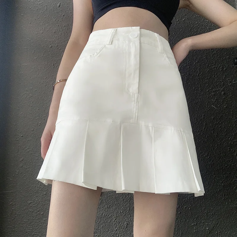 2024 Women's Academy  High Waist Lotus Leaf Solid Color Half Skirt   Fresh and Sweet Waist Slimming Hundred Fold Short Skirt