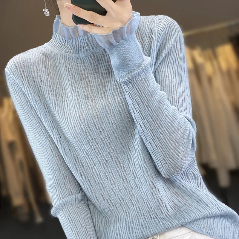 

SpringSummer Hot Selling Knitted Sweater For Women, Half High Neck Long Sleeved Worsted Wool Lace Patchwork Hollow Thin Knit Top