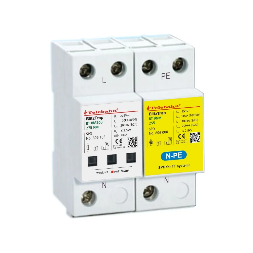

255V 385V AC 1+NPE 50kA 100kA 200kA T1 1 Phase 230V TT1+1 Surge Protector Protection Arrester SPD