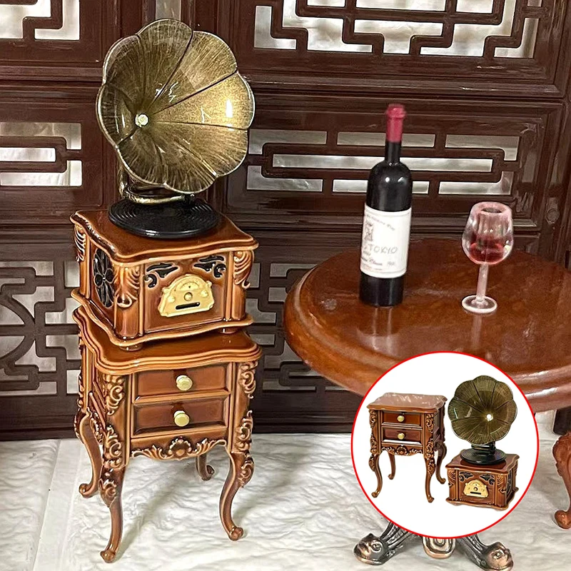 2Pcs/set 1:12 Dollhouse Miniature Retro Mini Phonograph Cabinet Set Can Play Songs Doll Home Living Room Furniture Decor Toy