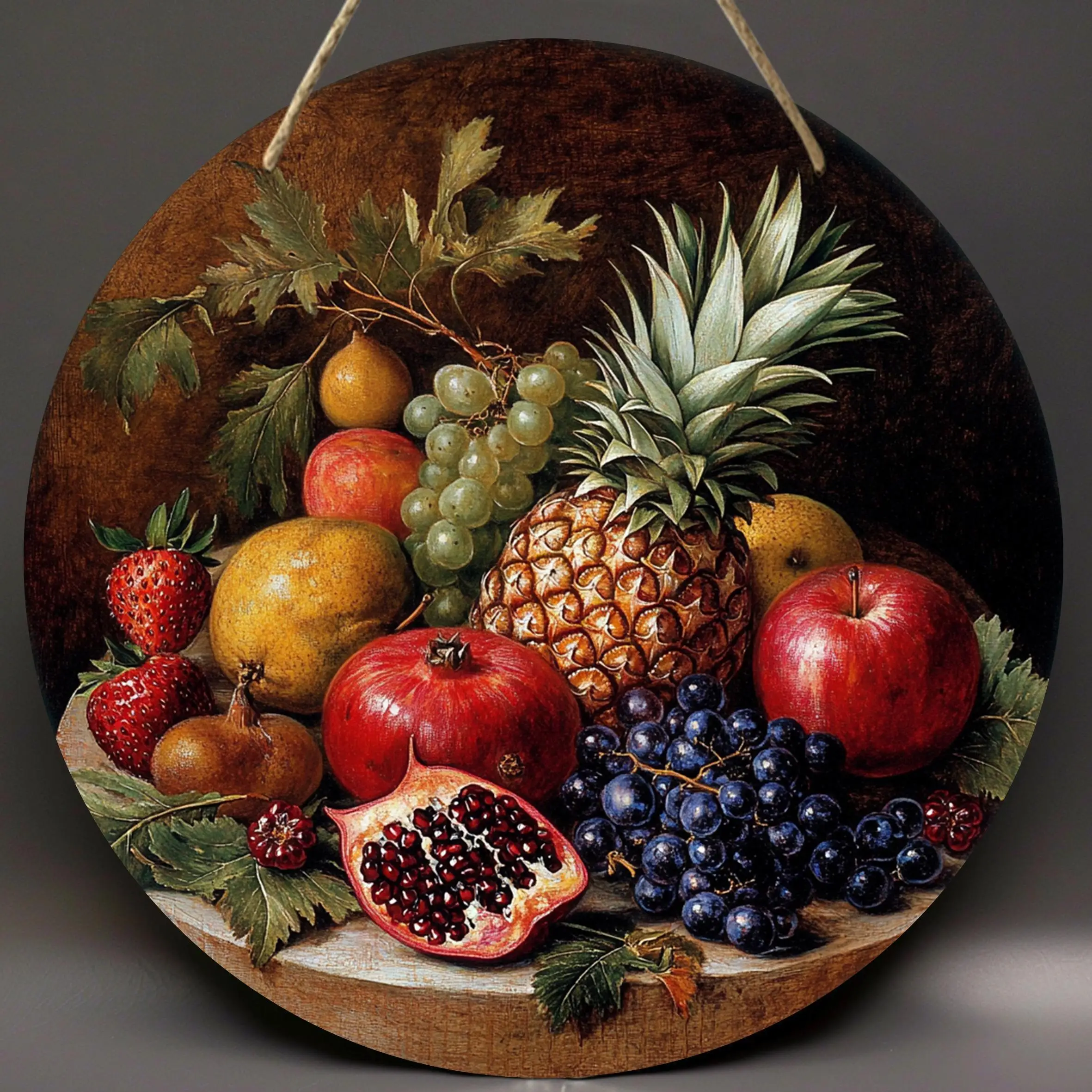 2D Flat, Round Wooden Wall Art Sign - Vibrant Fruit Still Life with Apples, Grapes, Pineapple & Pomegranate - Artificial Wood Ki