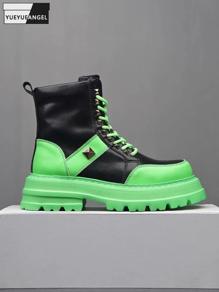 Hip Hop Mens Boots Mixed Colors Rivets Lace Up Casual High Top Shoes Thick Bottom Spring Autumn Mens Genuine Leather Short Boots