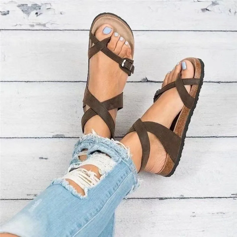 Multi Colored Womens Sandals with Open Toe Straight Buckle Strap Non Slip Wear-resistant 2025 New Summer Outdoor PU Flat Sandals