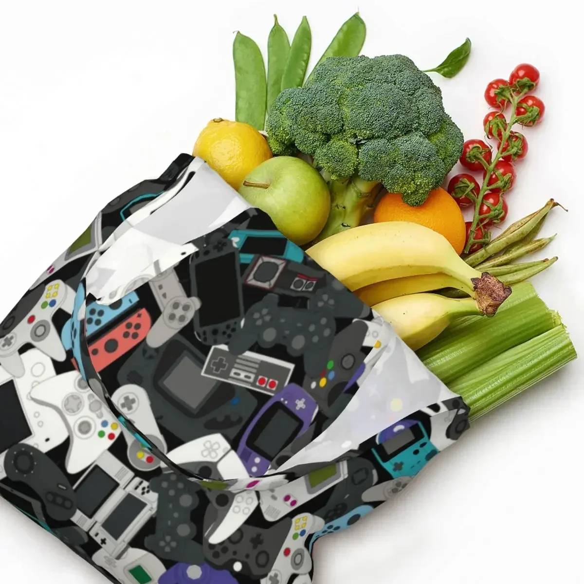 

Custom Gamer Gaming Controller Canvas Shopping Bag Women Washable Large Capacity Grocery Video Game Lover Tote Shopper Bags