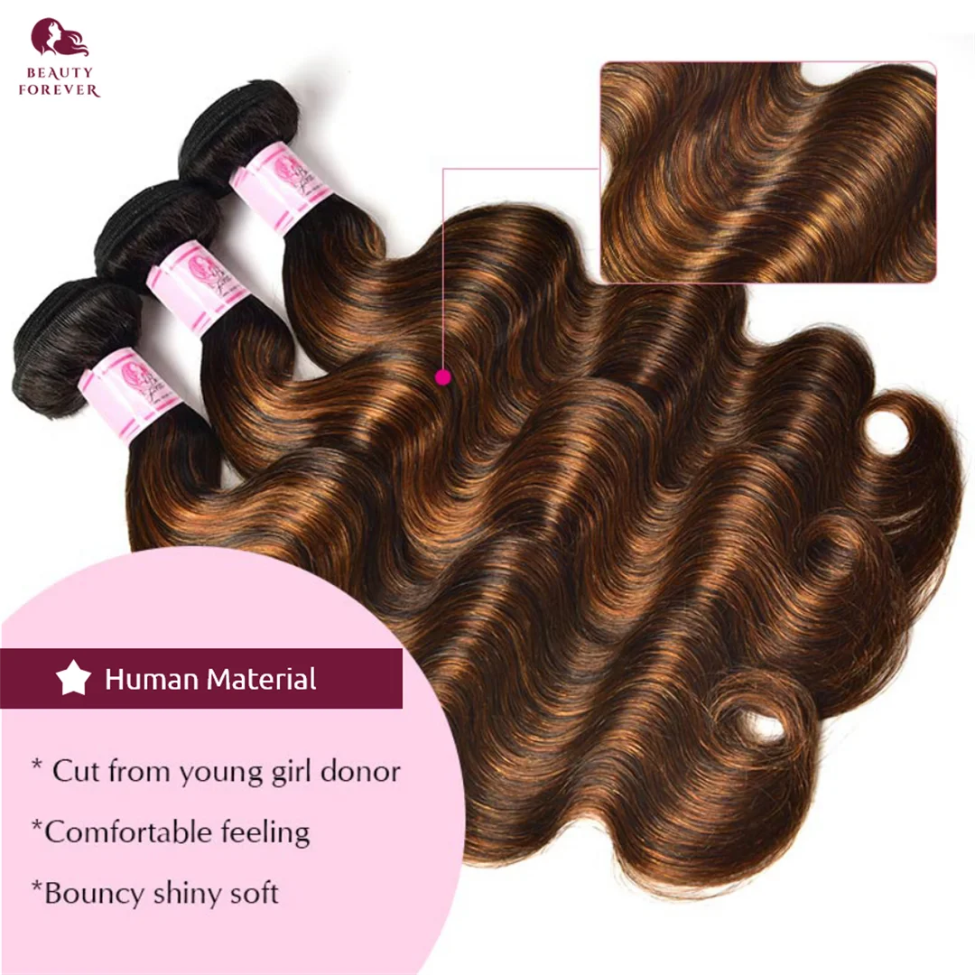 Beleza Forever-Body Wave Pacotes de cabelo humano com fecho, Balayage, colorido, 3PCs, 4x4 Lace Closure, # FB30