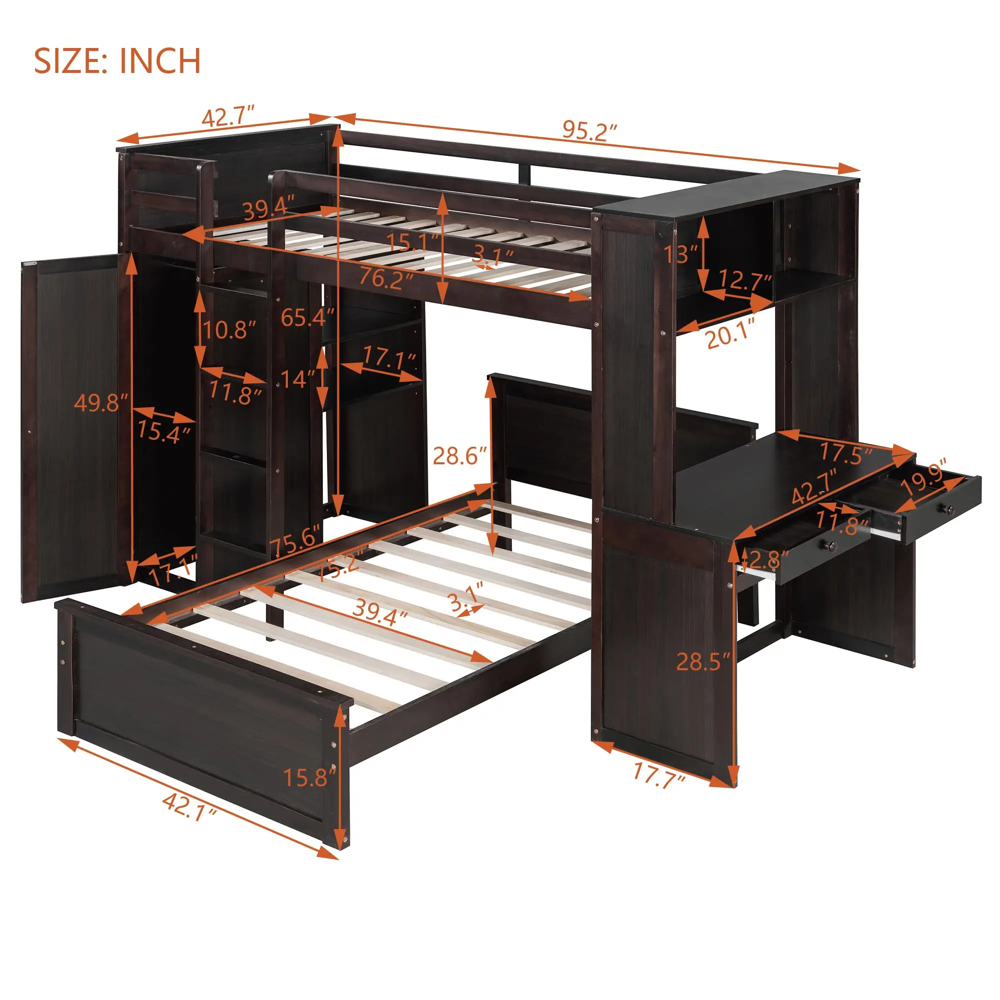 Twin Bunk Bed with Desk and Wardrobe, Lower Bunk Bed Can Be Moved, Espresso