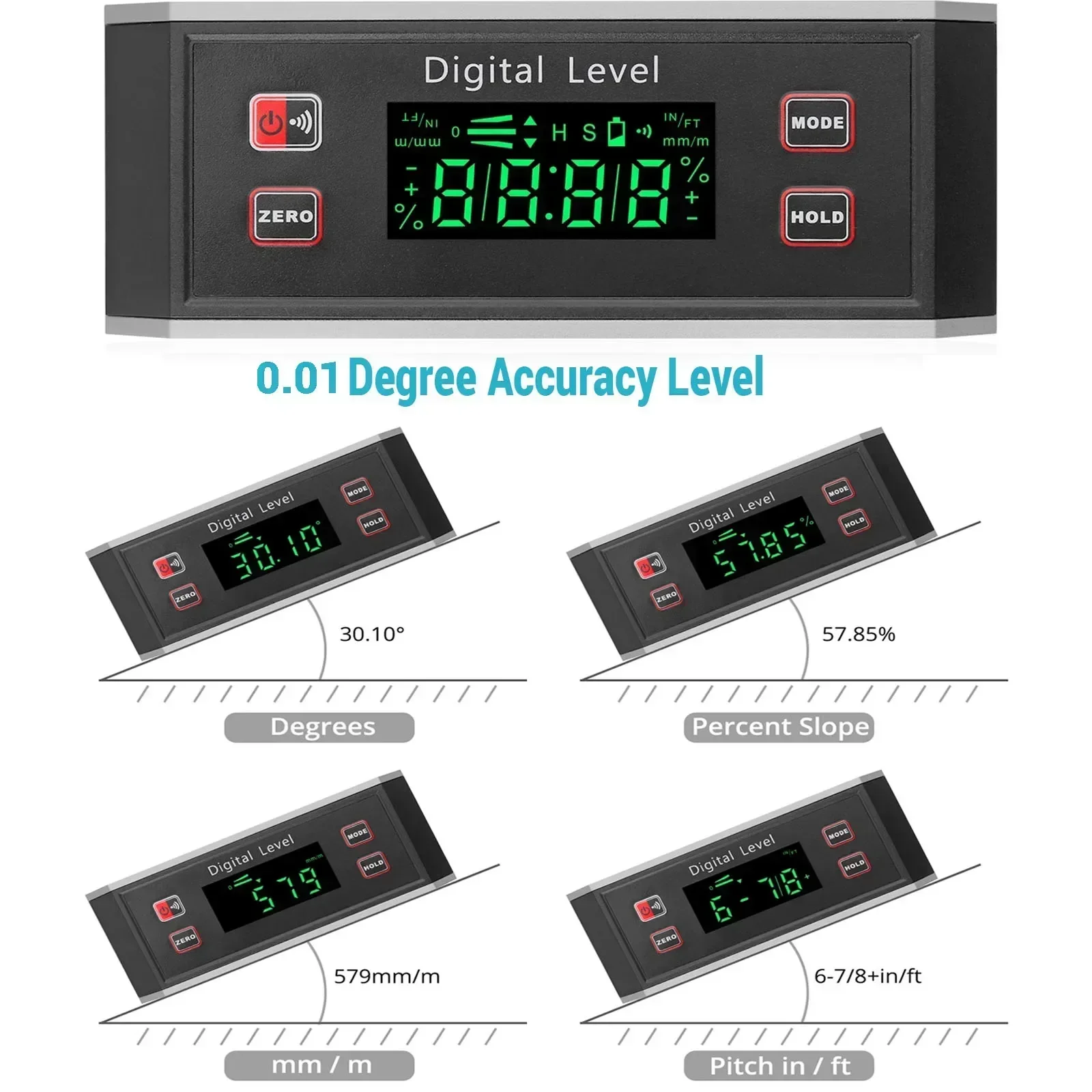 

Цифровой уровень, угломер, инклинометр с функцией сигнализации и V-образным пазом, магнитная подсветка, коробка, точность 0,01 градуса, уровень
