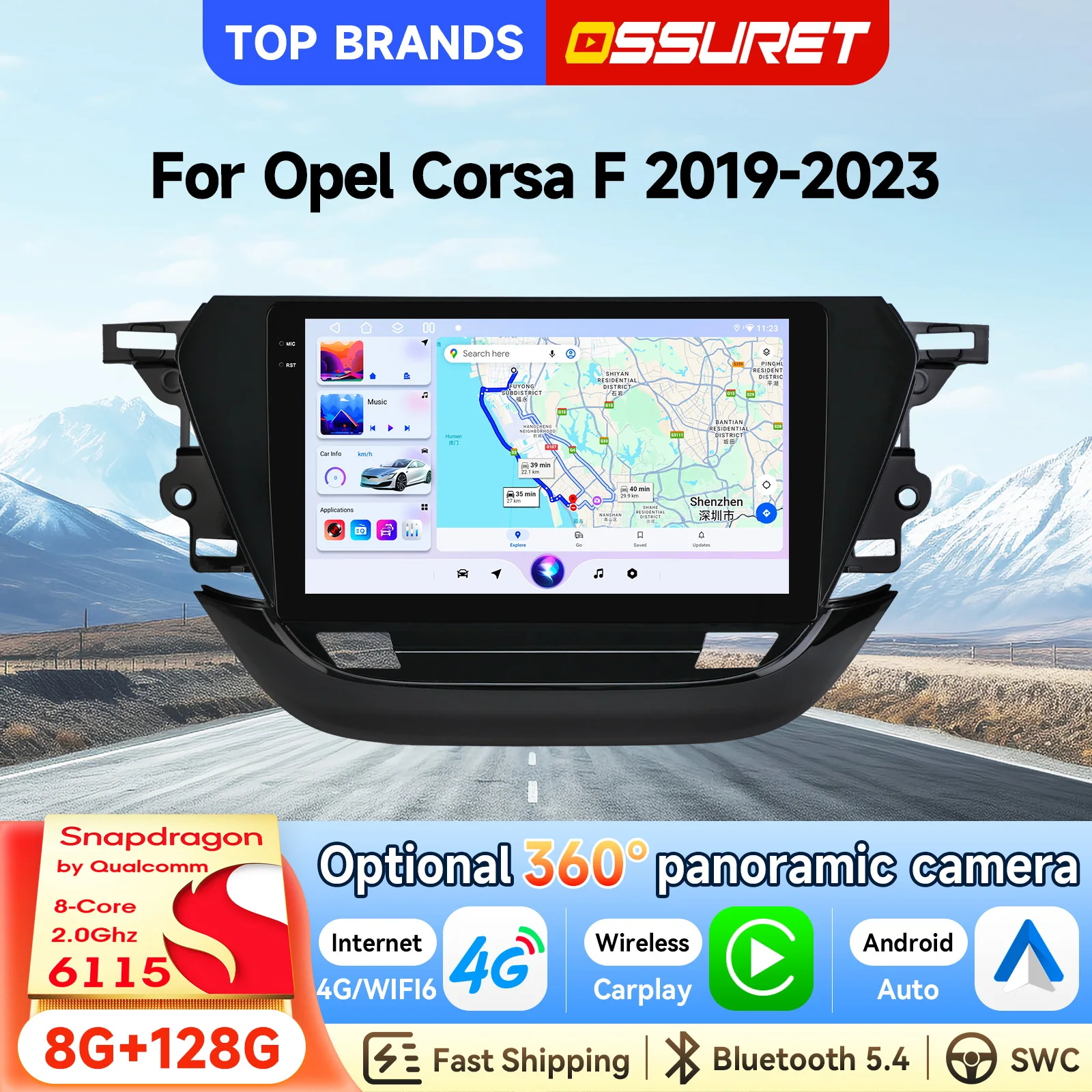 OSSURET Schnelle Lieferung 2 Din 9'' Android 15 GPS-Navigation Autoradio für Opel Corsa F 2019-2023 Autoradio-Haupteinheit Kabelloses CarPlay Android Auto SWC Octa-Core DSP 4G WLAN RDS Bluetooth