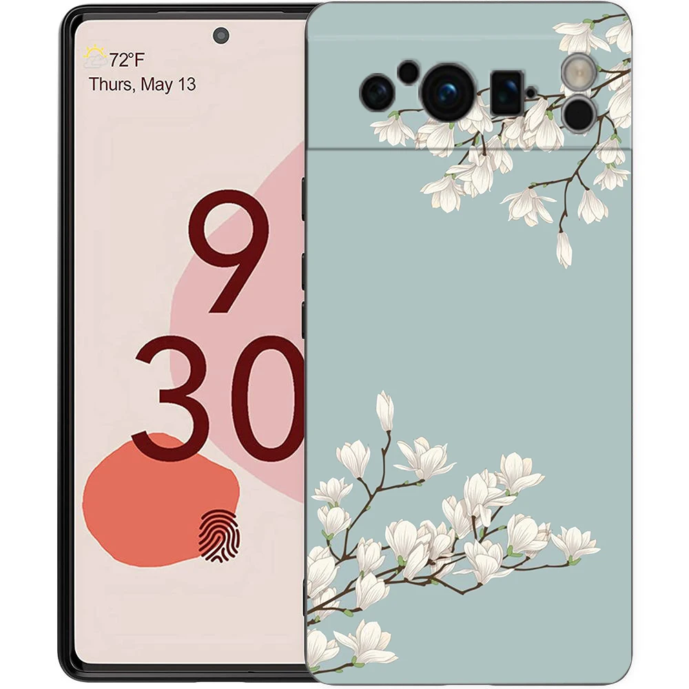 Phone Case For Google Pixel 8 7 6 Pro 8A 7A 6A TPU Shell Soft Silicone Shockproof Black Cover Cherry Blossom Tree