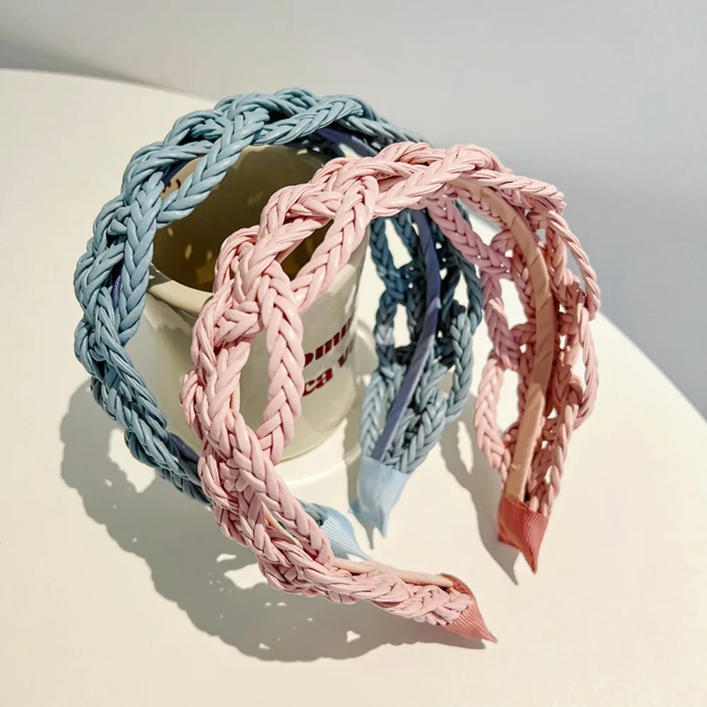 

Wide Side PU Leather Weave Hairband Headwear Solid Color Braid Headband Geometric Hollowed Out Weave Style Hair Hoop