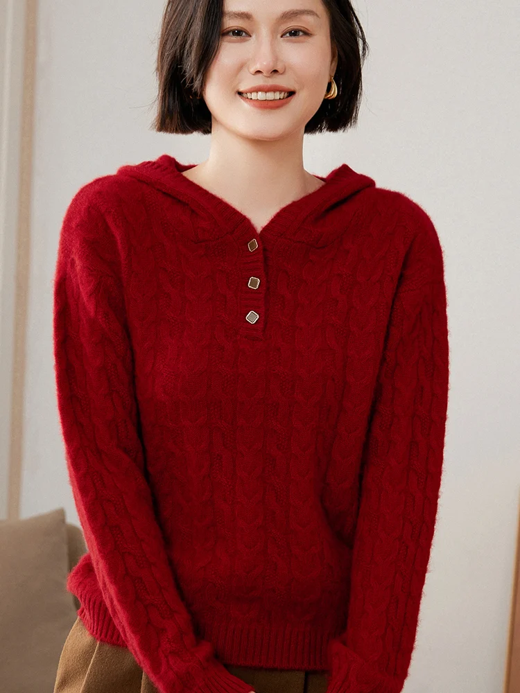 المرأة الكشمير هوديي الخيوط سترة 100% سترة كشميرية طويلة الأكمام عادية تريكو الخريف الشتاء سميكة متماسكة مقنعين