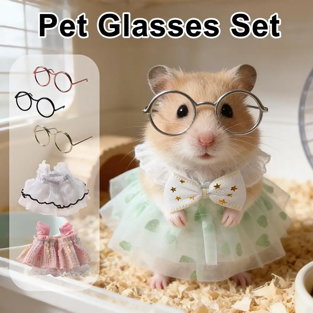 1 Set Niedliche Hamster-Kostüme Mini-Prinzessinnenkleid und Runde Metallbrille Streifenhörnchen-Verkleidungsoutfit für Kleine Haustiere Foto-Requisiten