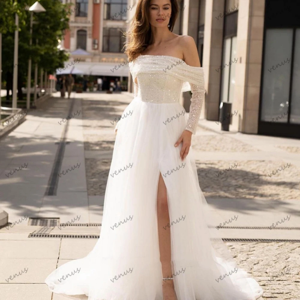 Vestidos De Novia con purpurina, elegantes Vestidos De Novia con apliques De lentejuelas y hombros descubiertos, Vestidos De Novia con abertura larga personalizados 2025