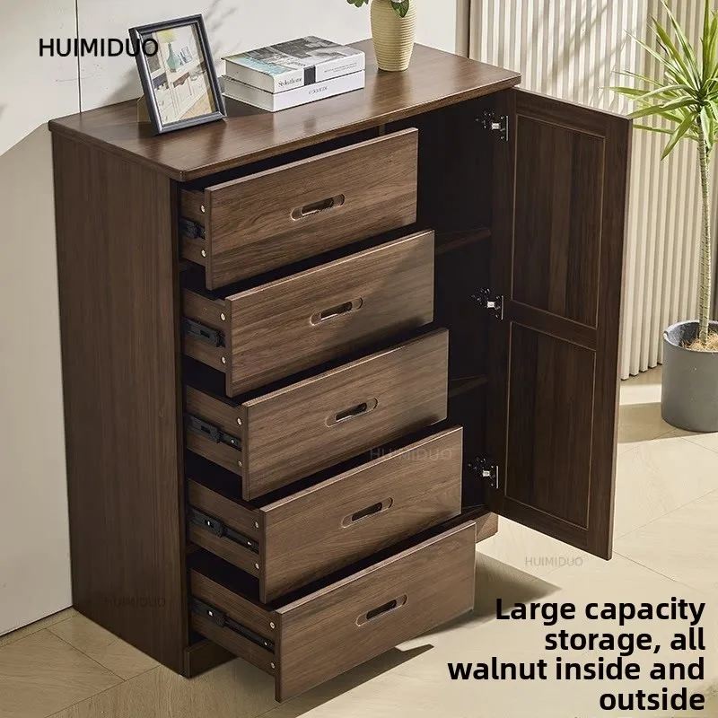 2026 New All-solid Wood Chest Cabinet, Bedroom Five-bucket Antique Storage Side Cabinet, Black Walnut Against The Wall with Ches