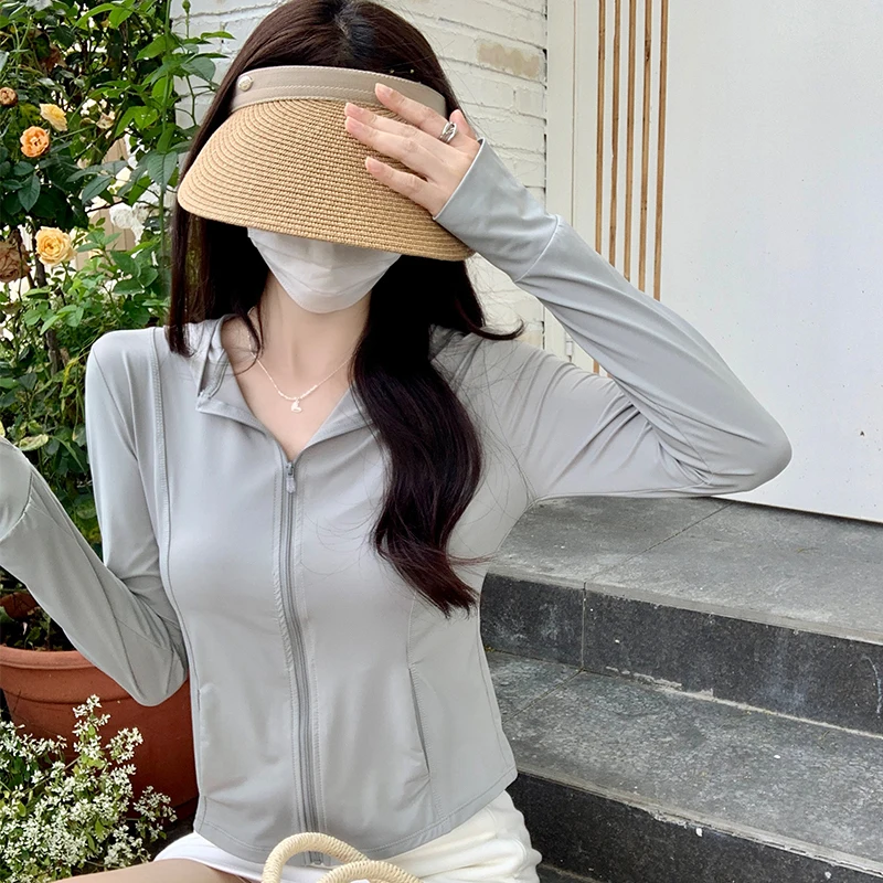 

Ice Silk Hooded Sunscreen Women Summer Thin 2024 New Cardigan Jacket Solid Casual Versatile Slim Tops Female