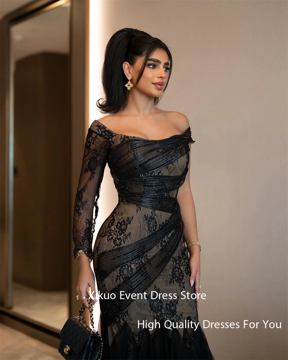 Xikuo Black Tulle One Shoulder Evening Dresses Mermaid Appliques Formal Party Gowns Chic Saudi Arabia Robe De Soirée Customized