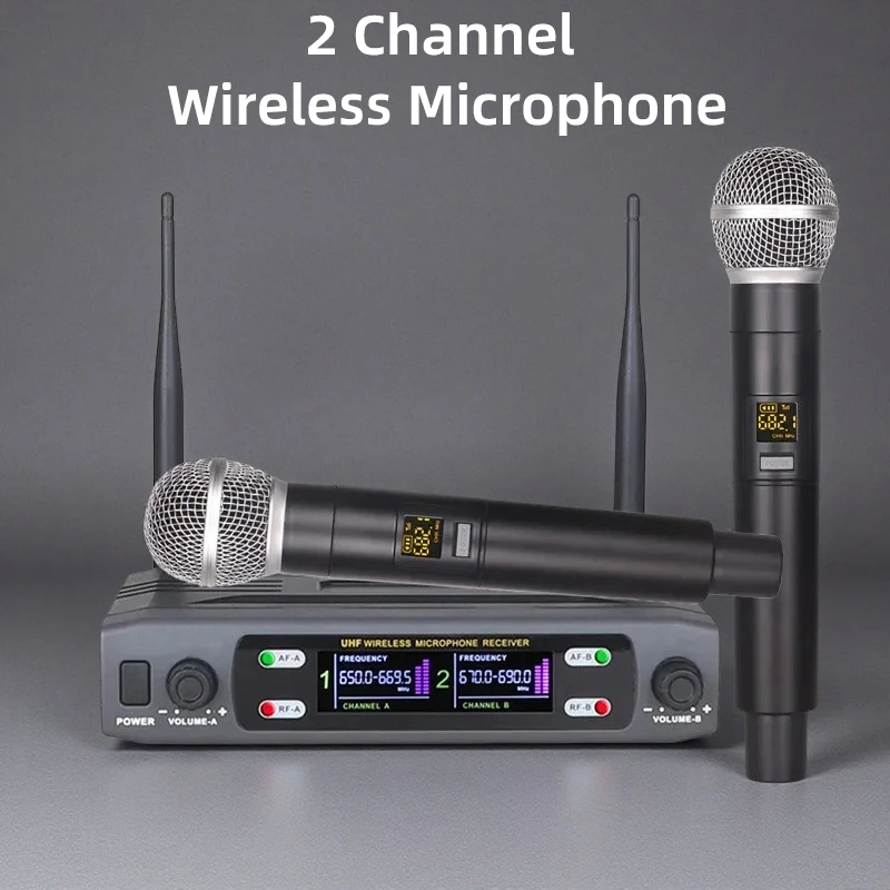 

Беспроводной ручной микрофон, 2-канальный, UHF, с фиксированной частотой, динамический микрофон для караоке, свадеб, вечеринок, выступлений и церкви.