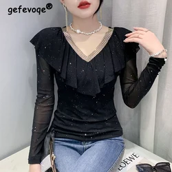 Spring Autumn Women Sexy See Through Mesh V Neck Ruffle Sequins T Shirt Elegant Fashion Slim Tees Ladies Solid Long Sleeve Tops