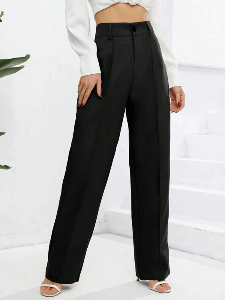 TRAF Women Fashion With Pleat Front Pockets Wide Leg Pants Vintage High Waist Zipper Female Trousers Mujer Female Suit Pants