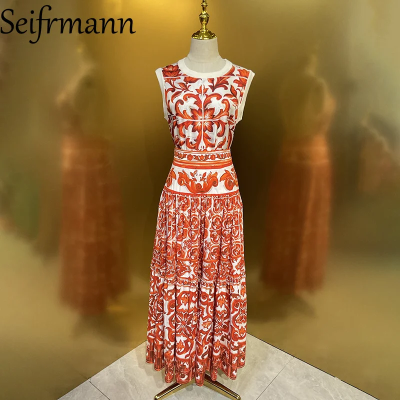 

Seifrmann 2026 Summer Women's Fashion Round Neck Sleeveless Silk Printed Top+Half Skirt Two Piece Set