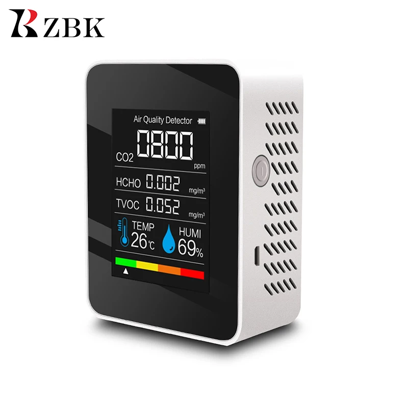 ZBK Air Quality Monitor 5 In 1 Rechargeable Carbon Dioxide Meter Electric Digital CO2 Detector Portable  Gas testing instruments