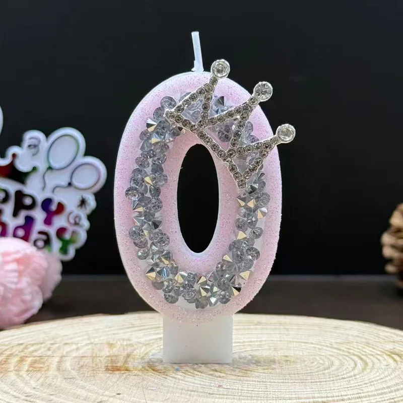 Pink rhinestone crown-decorated birthday number candles, birthday commemorative candles, party small gifts