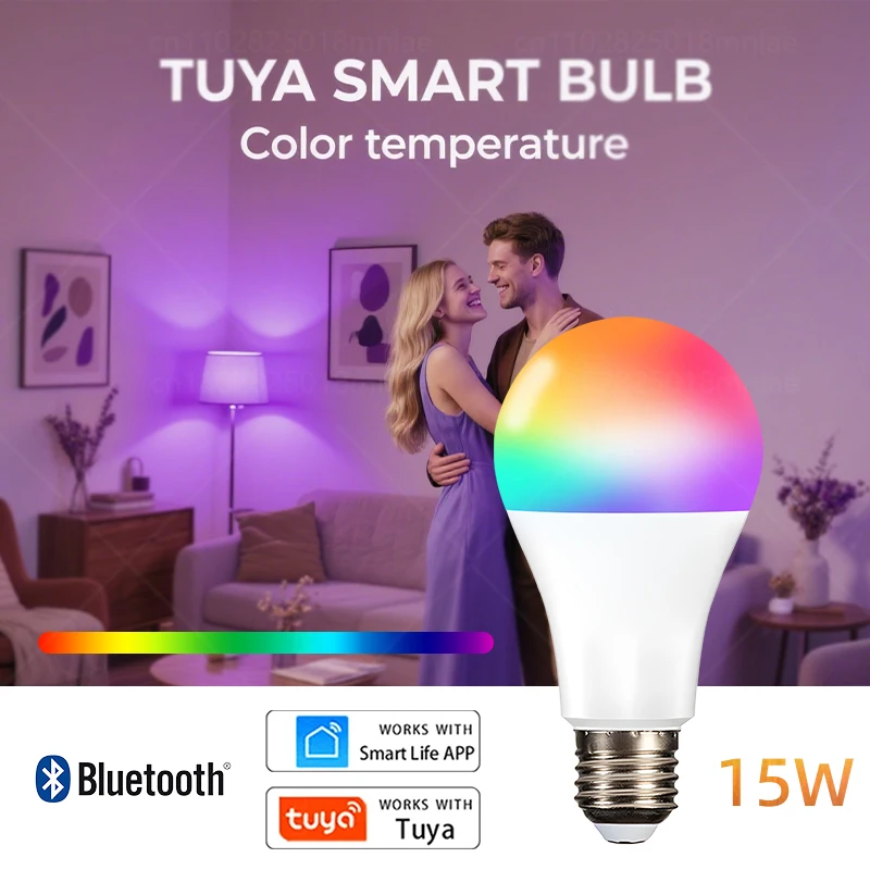15W E27 Tuya Светодиодная лампа Smart Life APP Control с регулируемой яркостью RGB Цветная атмосферная лампочка Работа с домашней спальни AC 85-265V