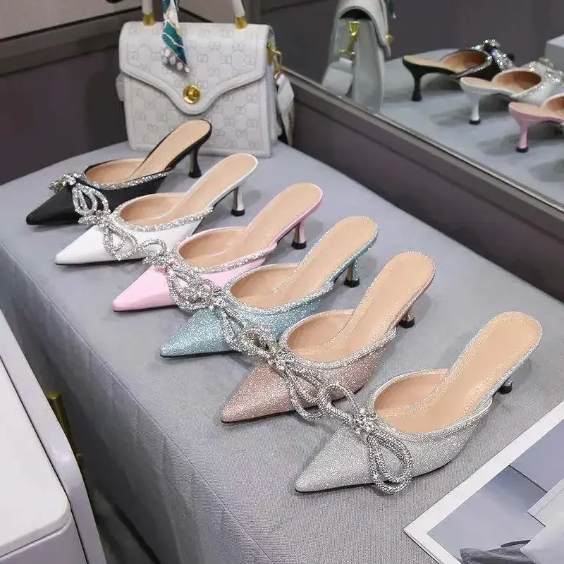 2024 Summer New Bow Pointed Rhinestone Baotou Shallow Mouth Slippers Middle Heel Fashion Women\'s Shoes