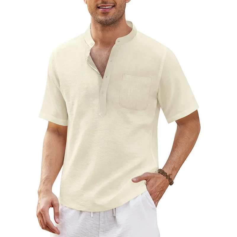 Summer Men\'s Short-Sleeved T-shirt Cotton Linen V-neck Men\'s Shirt Male Breathable Casual Tops Plus Size Stand-up Collar 5XL