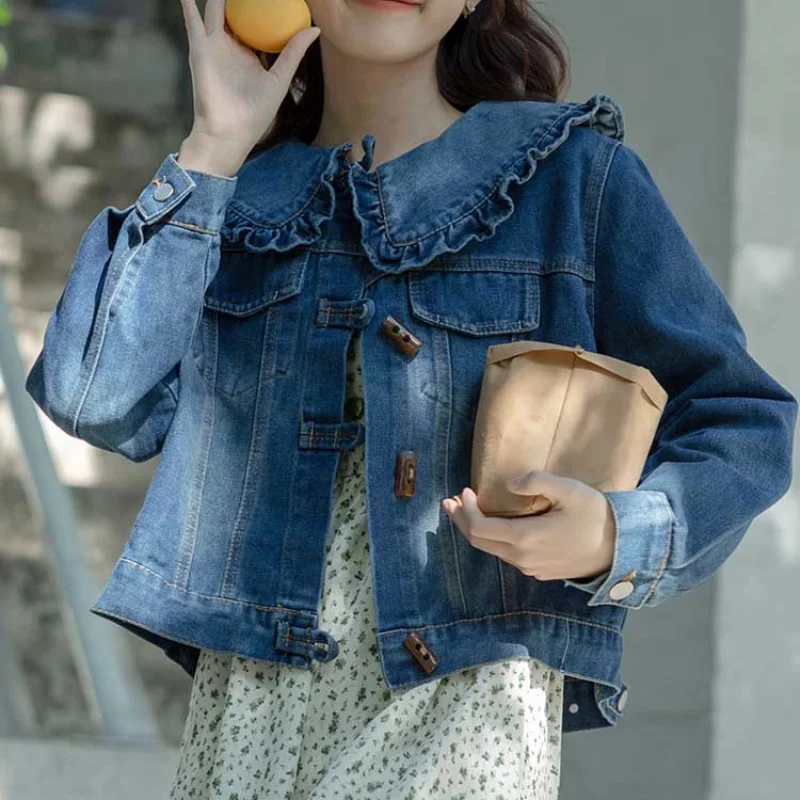 Crop Denim Jacket Women Vintage Sweet Peter Pan Collar Button Jean Coat Korean Fashion Ruffled Female Long Sleeves Loose Outwear