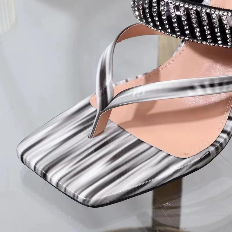 Summer Striped Slippers Women Sexy Shoes Glitter Shiny Diamonds Sandals Square Toe High Heels Female Wedding Party Fashion Pumps