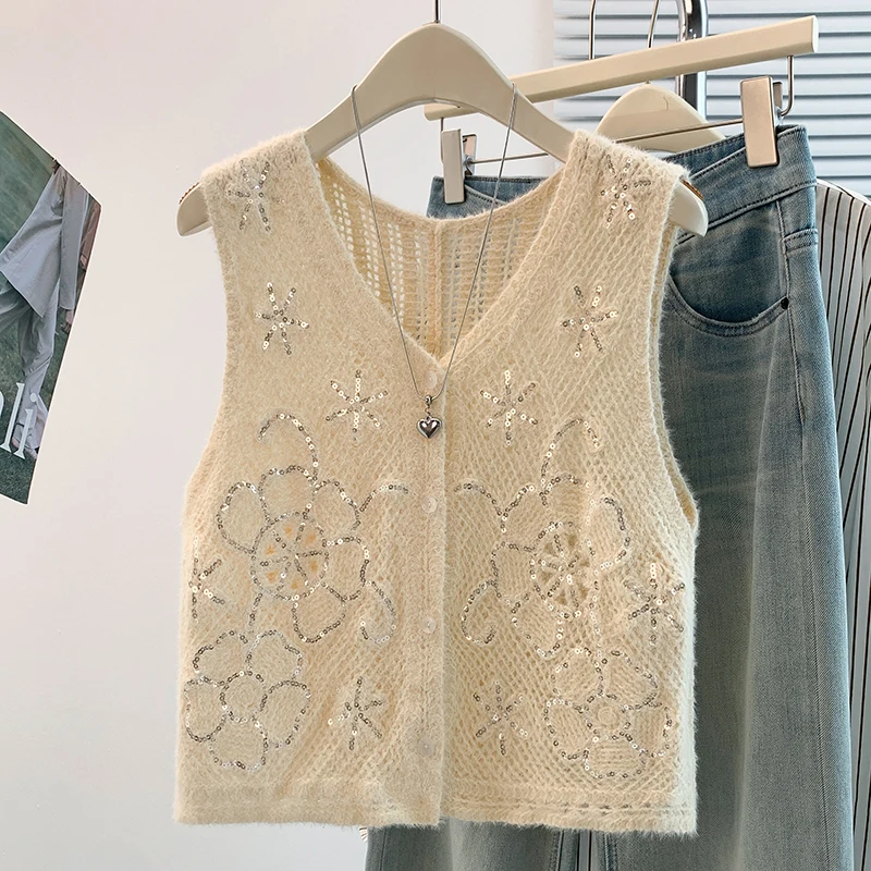 Elegant V-Neck Hollow out Sequin Women's Vest Autumn High-End Versatile Slimming Outerwear Layering Trendy Cotton Blend